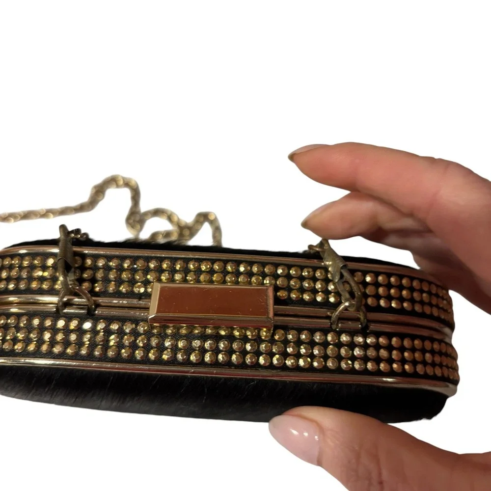 MMS‎ Black Pony Hair Studded Gold Frame Minaudiere Clutch Evening Bag